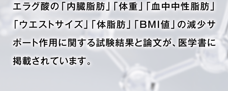 エラグ酸の「内臓脂肪」「体重」「血中中性脂肪」「ウエストサイズ」「体脂肪」「BMI値」の減少サポート作用に関する試験結果と論文が、医学書に掲載されています。