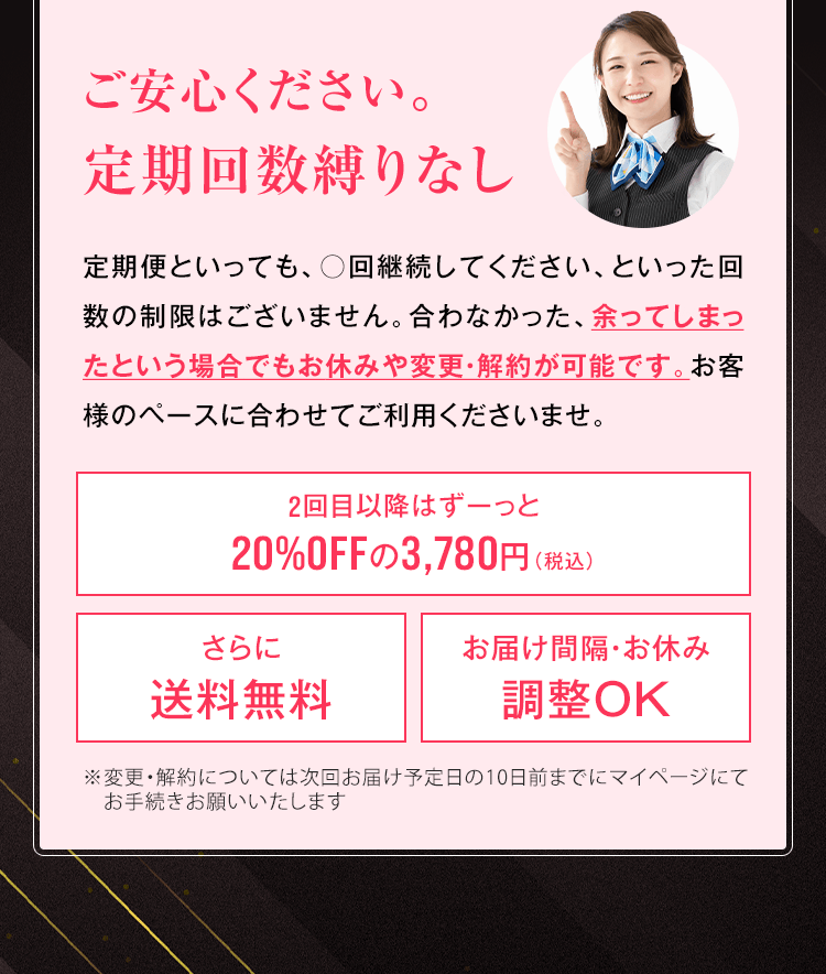 ご安心ください。定期回数縛りなし 定期便といっても、○回継続してください、といった回数の制限はございません。合わなかった、余ってしまったという場合でもお休みや変更・解約が可能です。お客様のペースに合わせてご利用くださいませ。2回目以降はずーっと20%OFFの3,780円（税込） さらに送料無料 お届け間隔・お休み調整OK ※変更・解約については次回お届け予定日の10日前までにご連絡ください