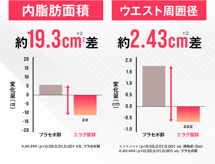 内脂肪面積 約19.3cm2差 ウエスト周囲径 約2.43cm差