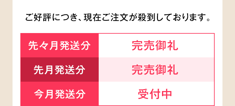 ご好評につき、現在ご注文が殺到しております。 先々月発送分 完売御礼 先月発送分 完売御礼 今月発送分 受付中